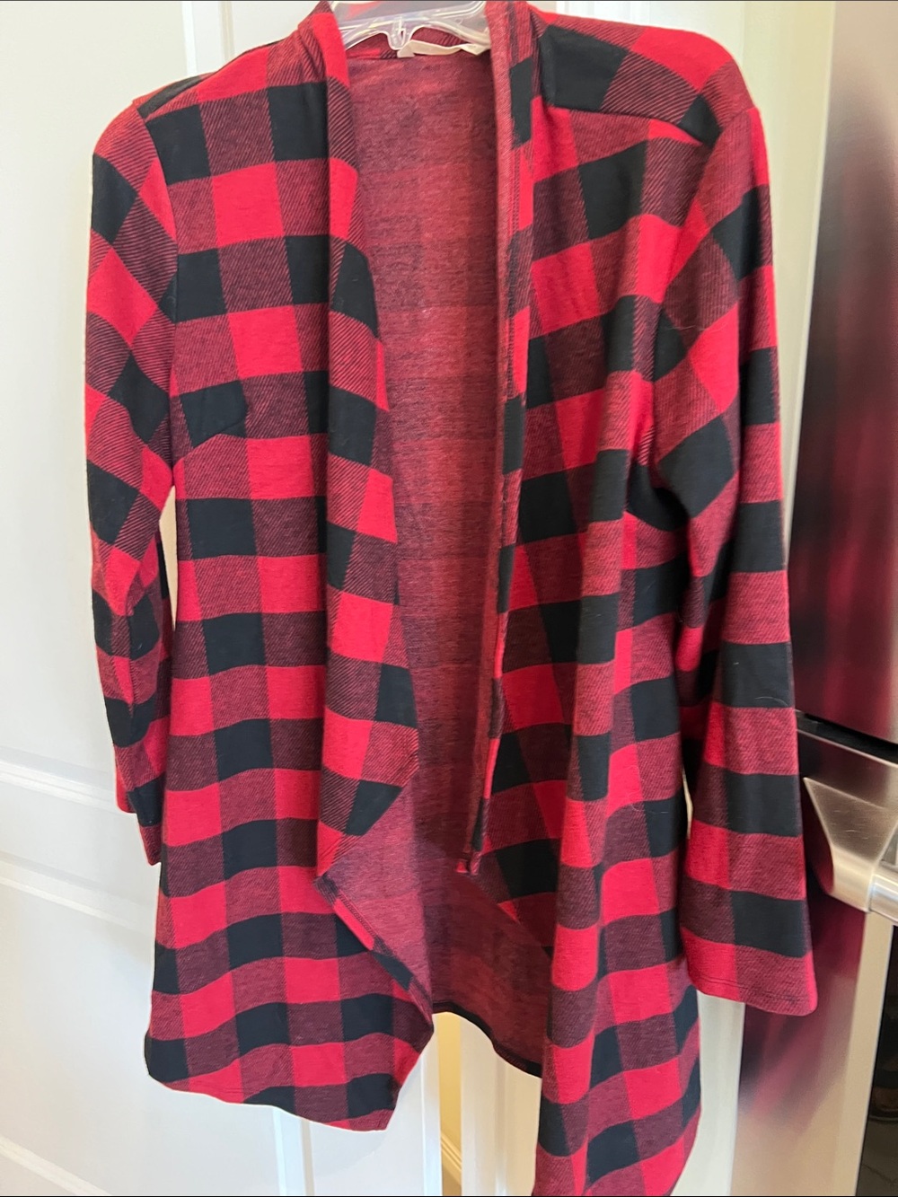 Soft Surroundings Red and Black Buffalo Plaid Open-Front Cardigan